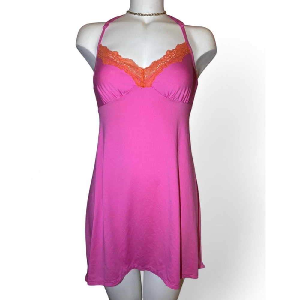 Vintage VS Pink and Orange Lace Trim Babydoll Slip Dress